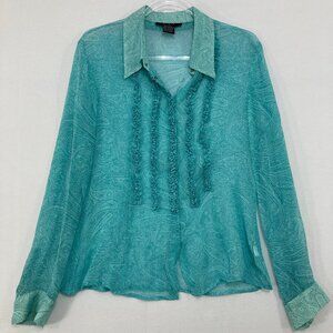 Vintage ECI New York Large Blue Arty Print Ruffle Pure Silk Sheer Button Down